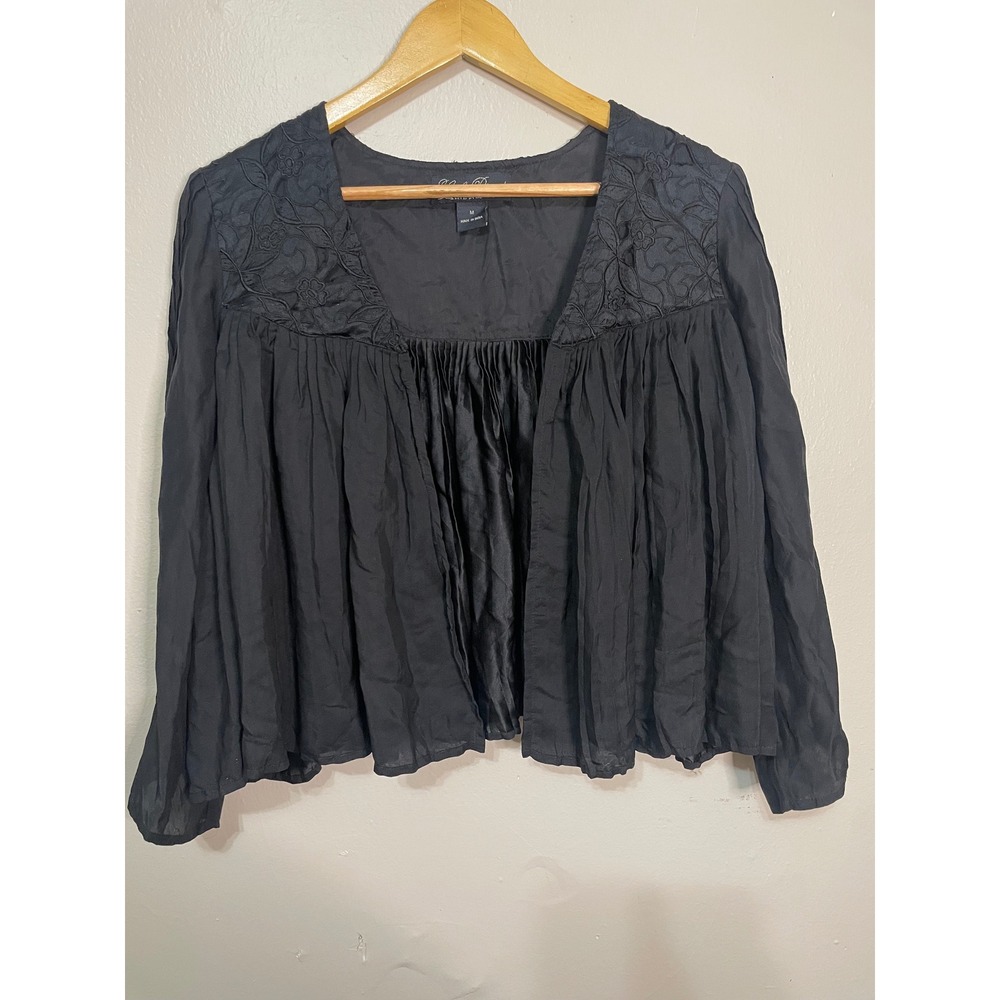 Lucky Brand Live in Love Open Front Fine Quality 100% Silk Black Size M